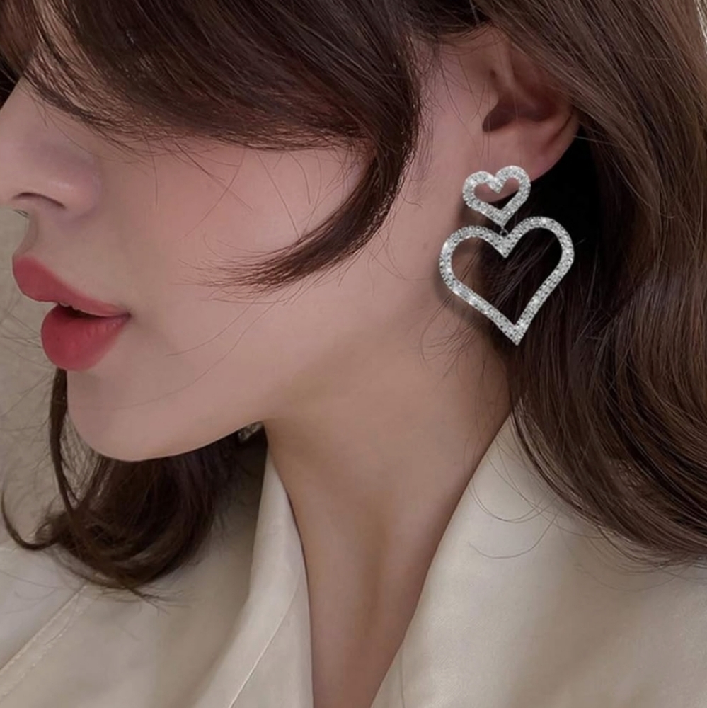 Rhinestone Double Heart Drop Statement Earrings Sparkle Bling
